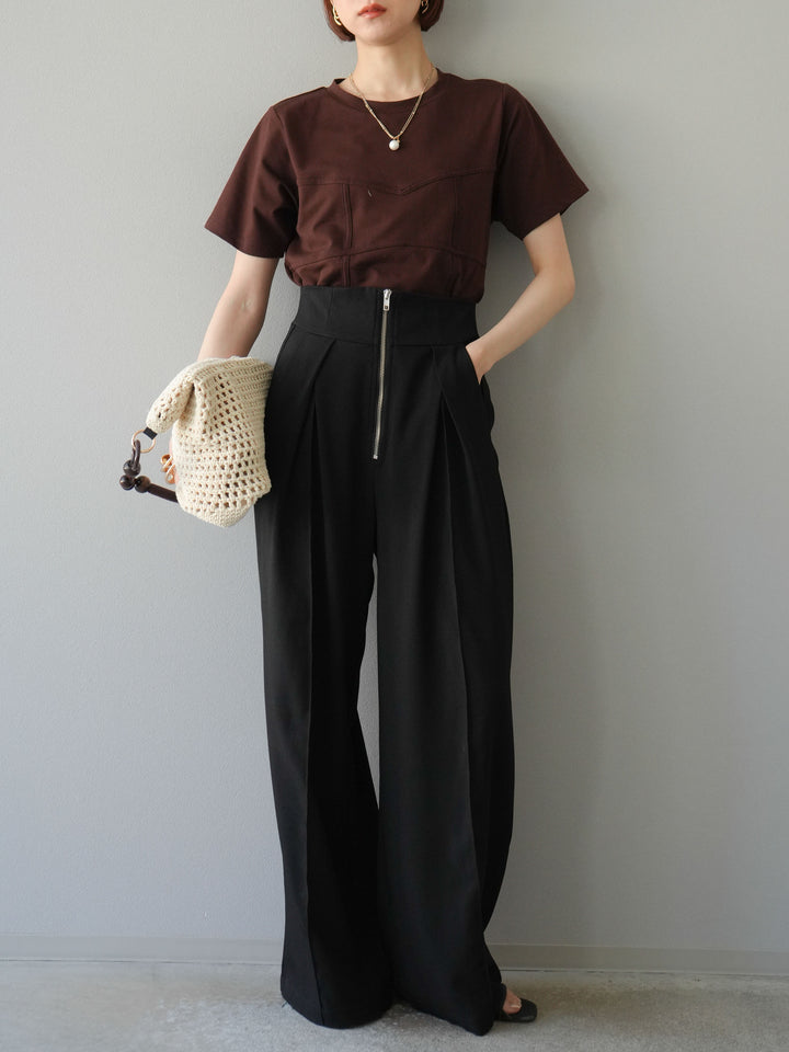 [SET]ビスチェデザインTシャツ+ジップタックワイドパンツ(2set)