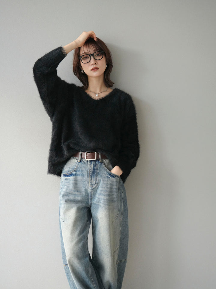 [予約]バックリボンVネックシャギーニットプルオーバー/black