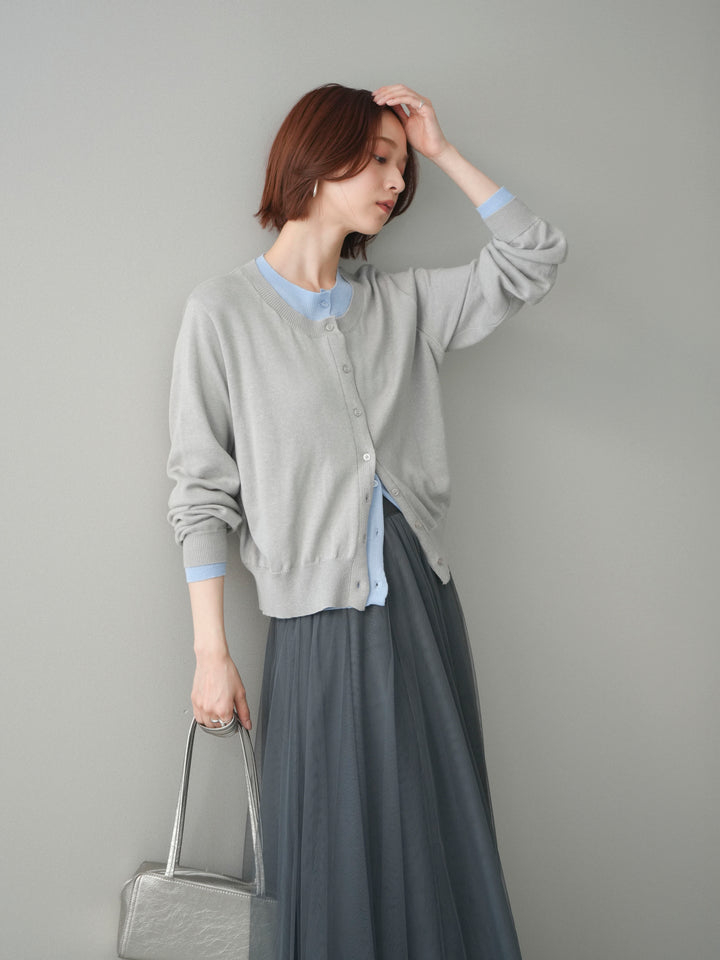 [予約]配色レイヤードコットンアクリルニットカーディガン/mokugray