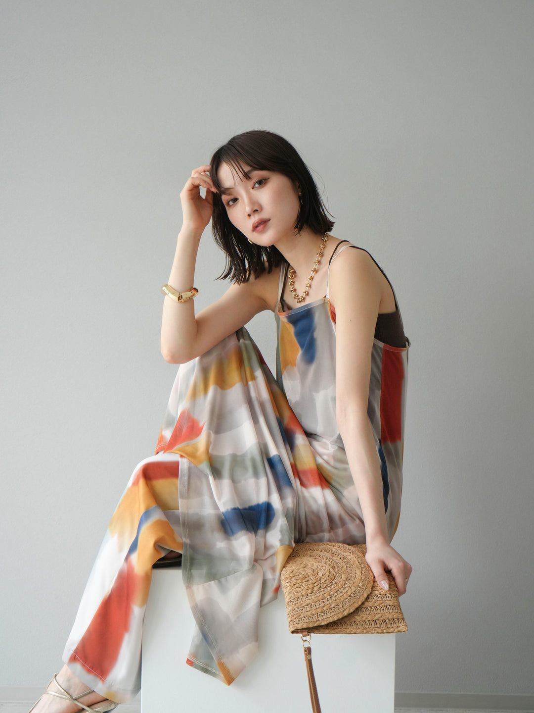 [SET]水彩アートシアーキャミワンピース+水彩アートイージーパンツ(2set)