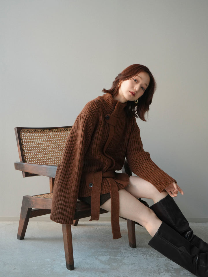 [予約]畦編みボトルネックZIPニットカーディガン/brown
