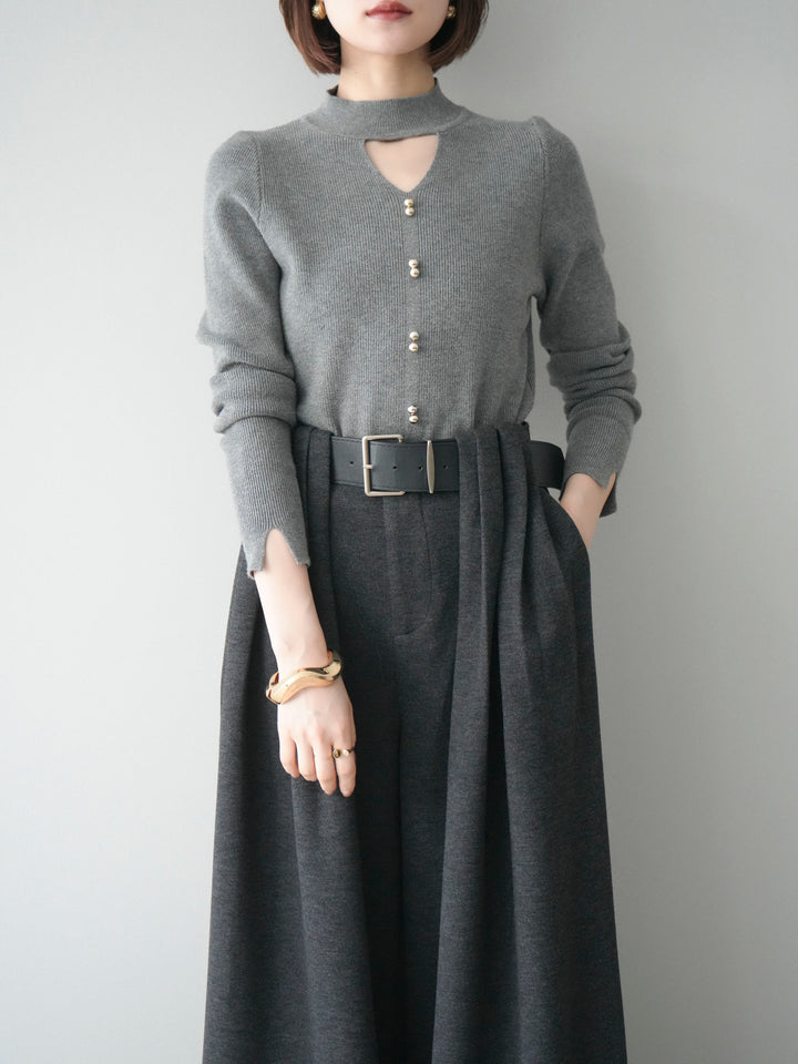 [予約]チョーカーデザインボタンリブニットトップス/gray