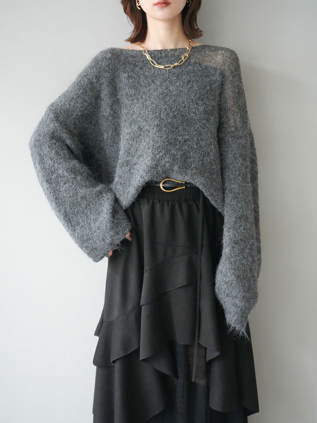 [予約]ネック透かし編みニットプルオーバー/ダークグレー