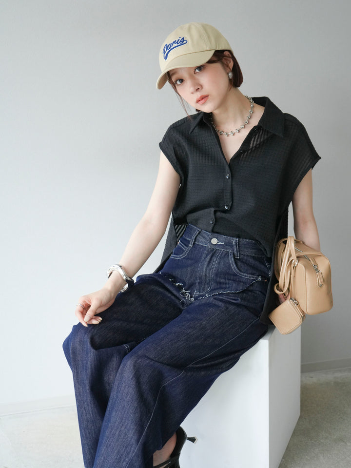 [SET] 透視格紋無袖襯衫 + 臀部設計牛仔褲（2 套）