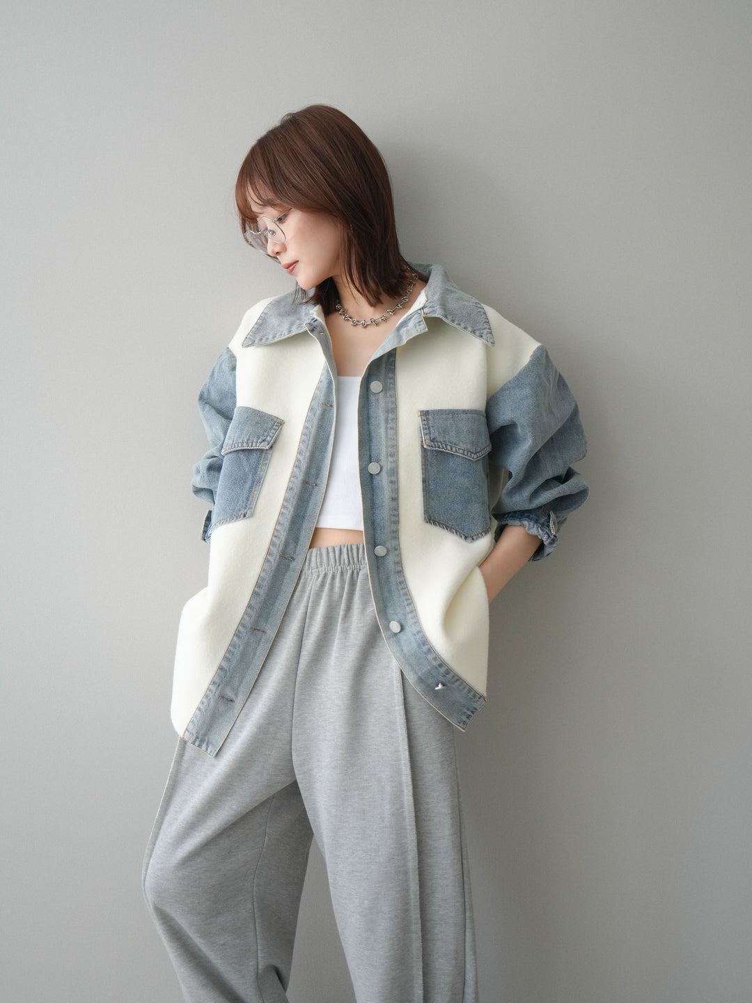 [SET]デニム襟ダブルフェイスニットカーディガン+2WAYデザインスウェットパンツ(2set)