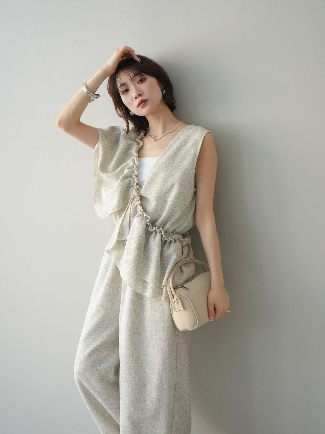 [SET]3WAYミックスツイードギャザーオールインワン+選べるアクセセット(2set)