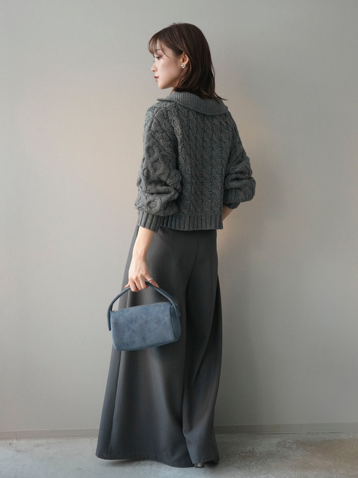 [SET]バルキーケーブルクロップド開襟プルオーバー+テープベルトタックバギーパンツ(2set)