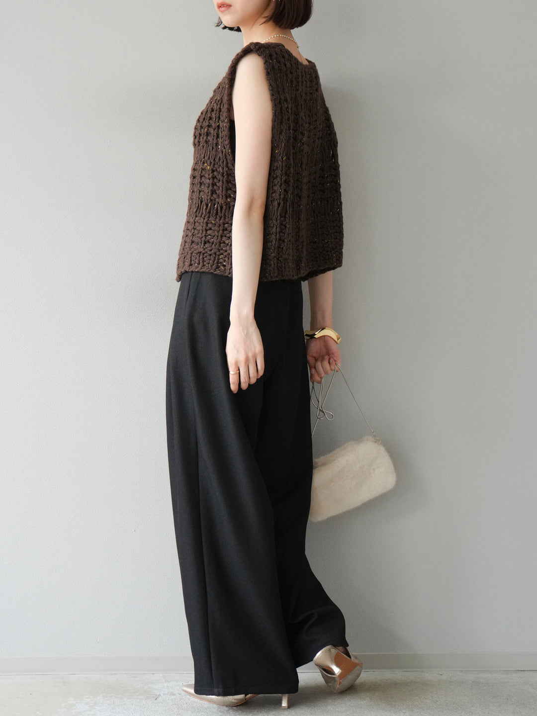 [予約]レザーパイピングタックワイドパンツ/ブラック