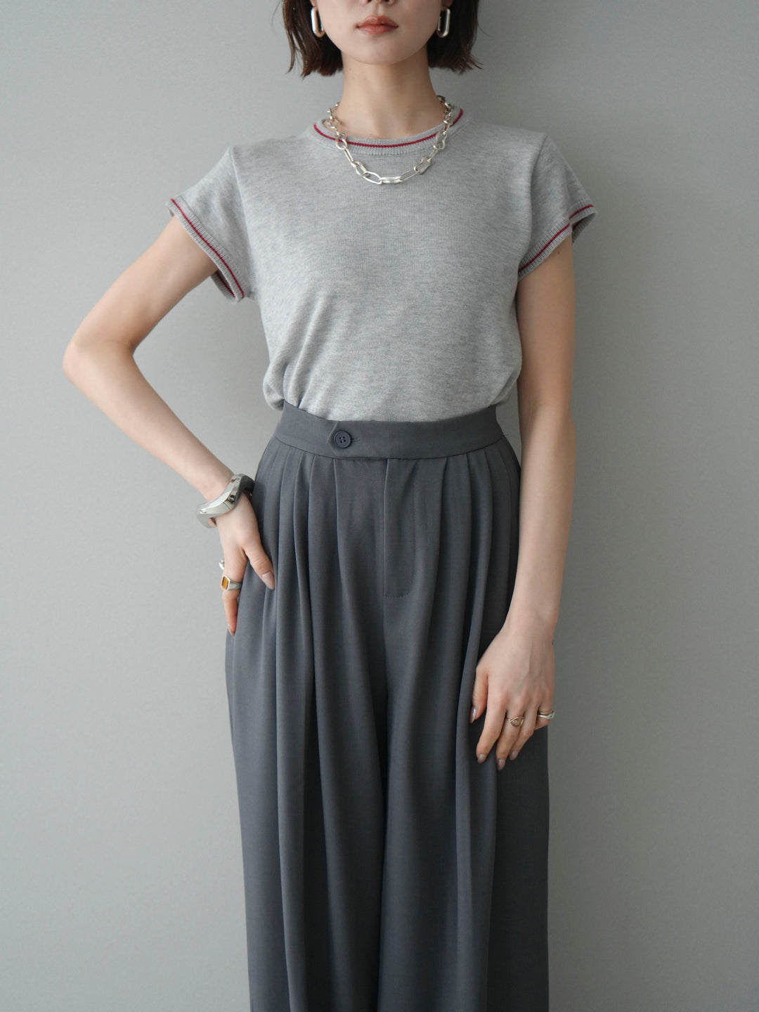 [SET]配色ハーフスリーブニットトップス+配色ハーフスリーブニットトップス(2set)