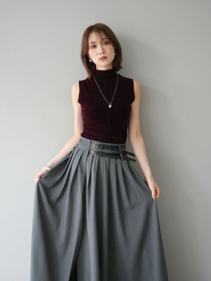 [SET]シアーベロアプチネックノースリーブトップス+エステルプリーツスリットスカート(2set)