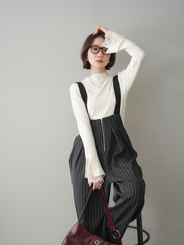 [SET]袖スカラップレースオフネックニットトップス+グログランテープストライプサロペット(2set)