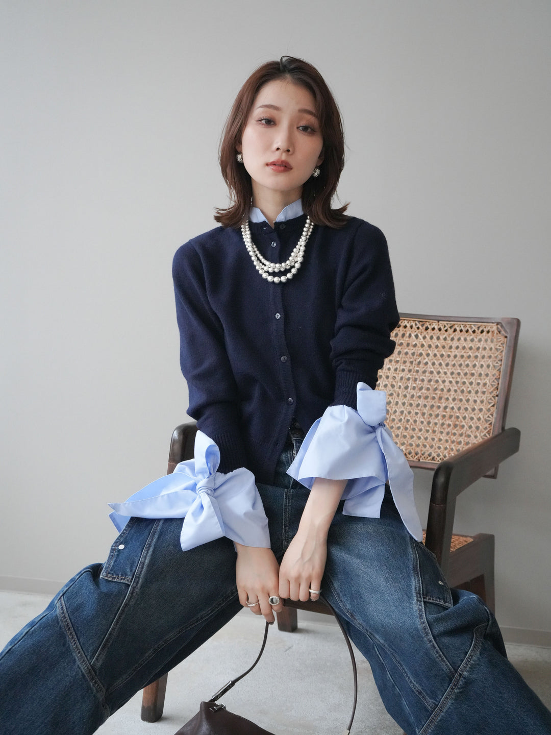 [予約]ウールライクリボンシャツカーディガン/navy