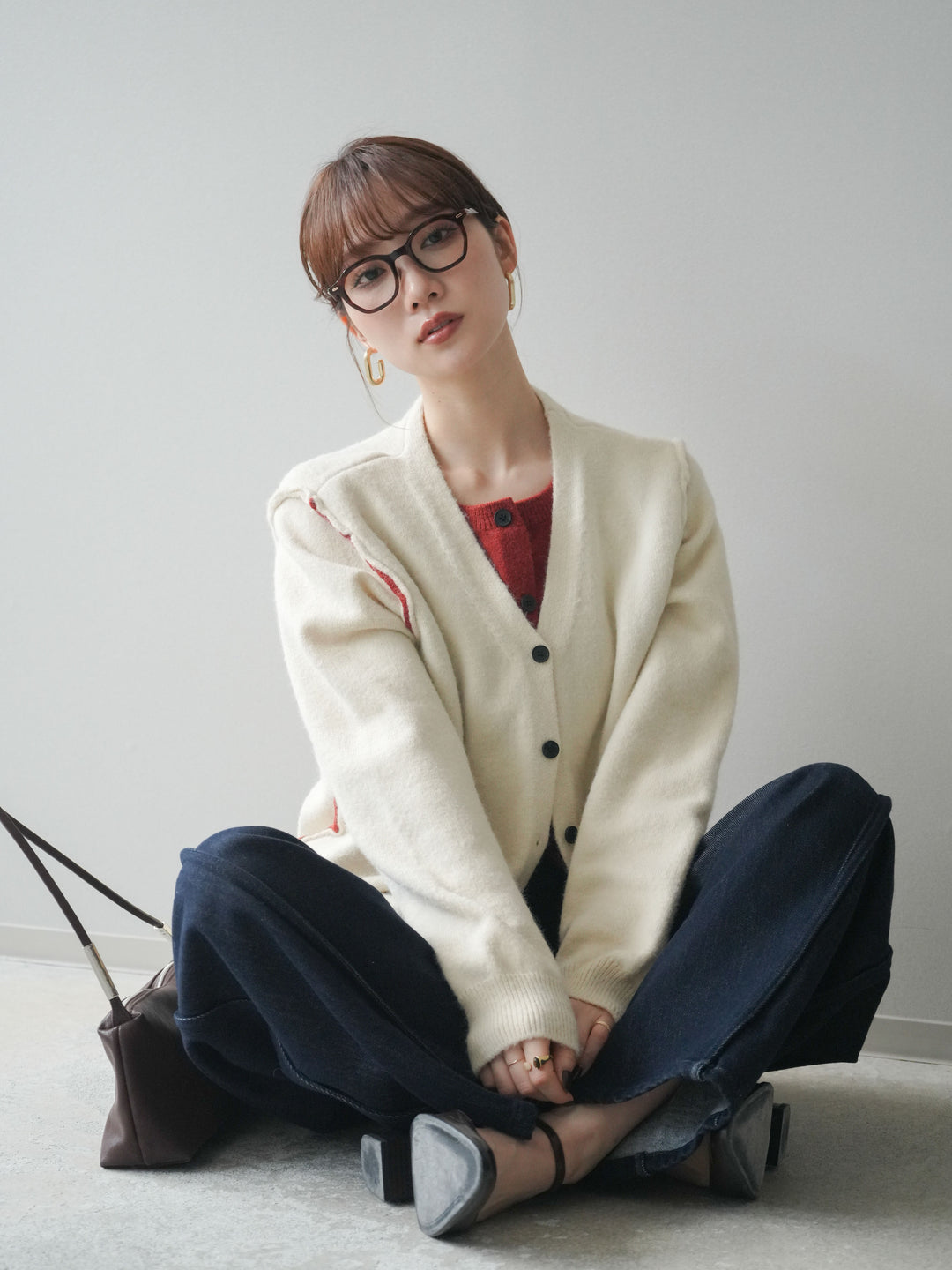 [予約]配色レイヤードニットカーディガン/ apricot