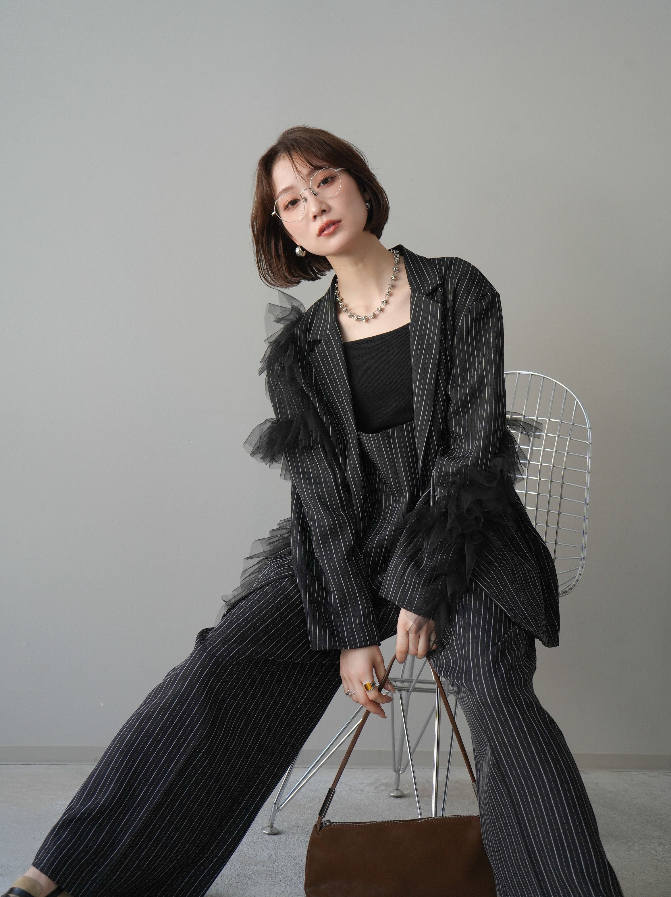 【美品】タエアシダ コレクション　フリル　ストライプ　ジャケット　7 予約]アシンメトリーチュールストライプジャケット/black – Lumier