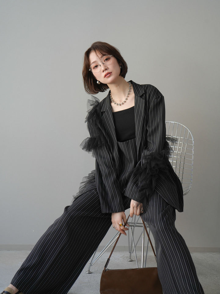 [予約]アシンメトリーチュールストライプジャケット/black