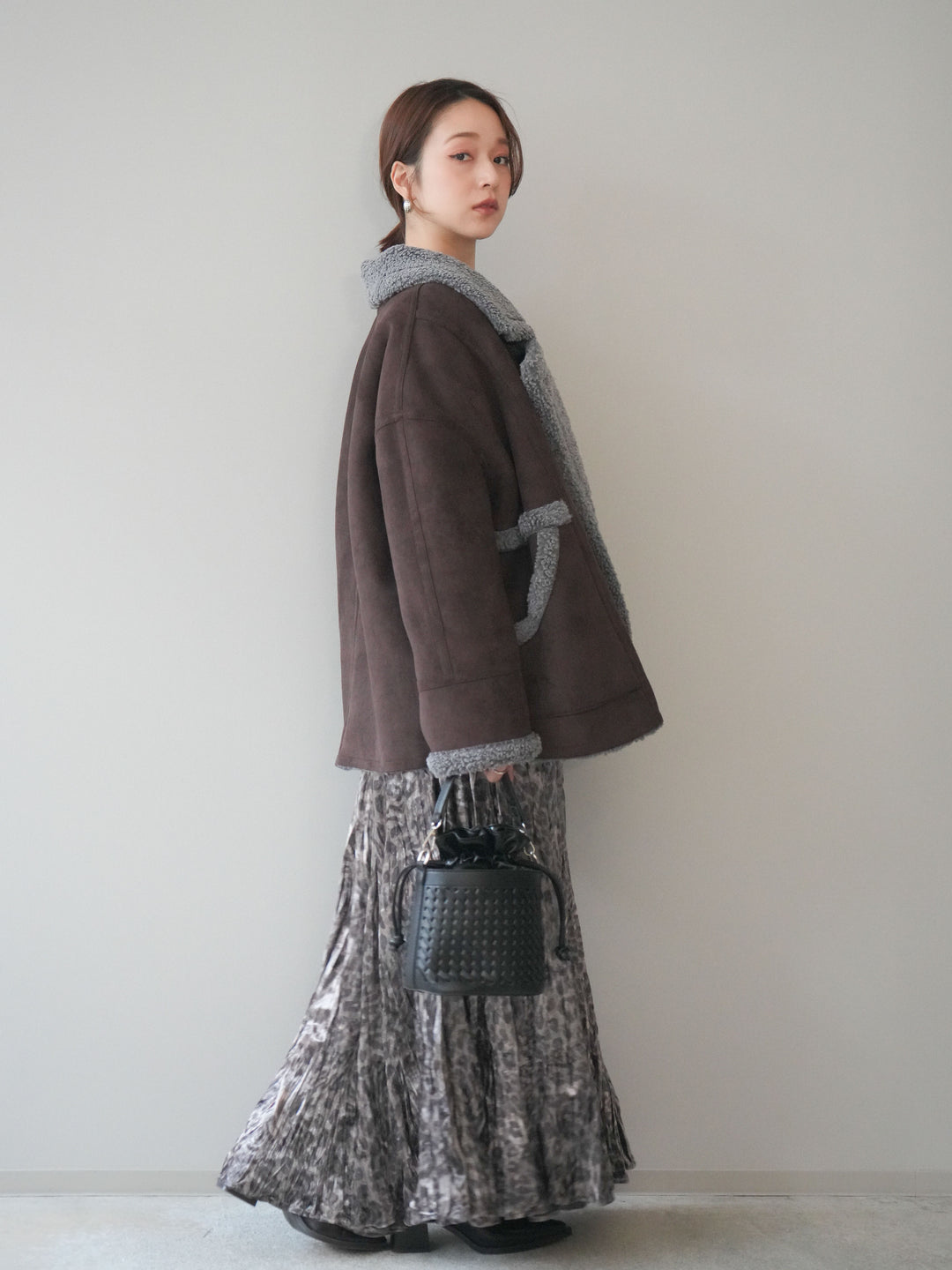 [予約]レオパードベロアワッシャーロングスカート/gray