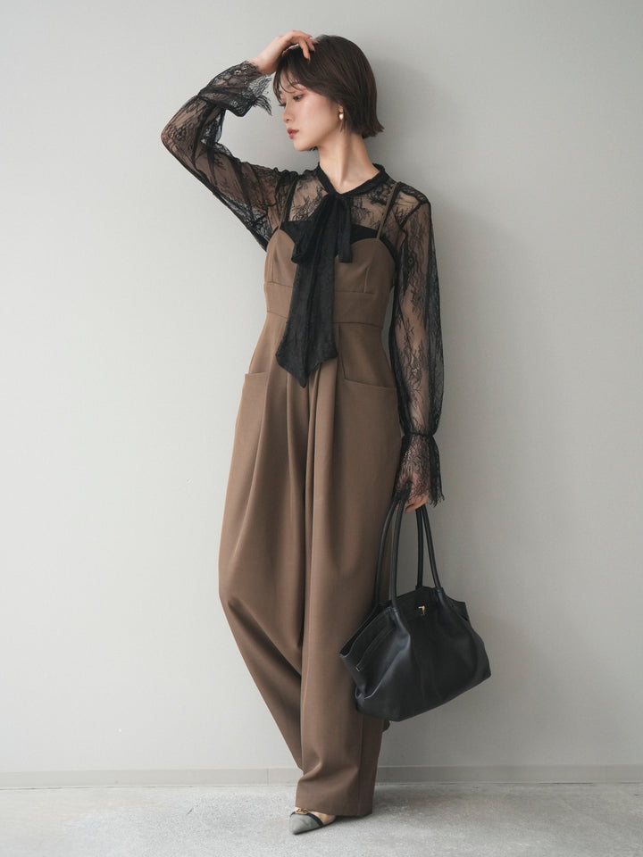 [SET]バックデザインサロペット+リバーレースボウタイトップス(2set)