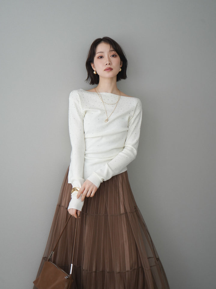 [予約]ラインストーンアシンメトリーニットトップス/ivory