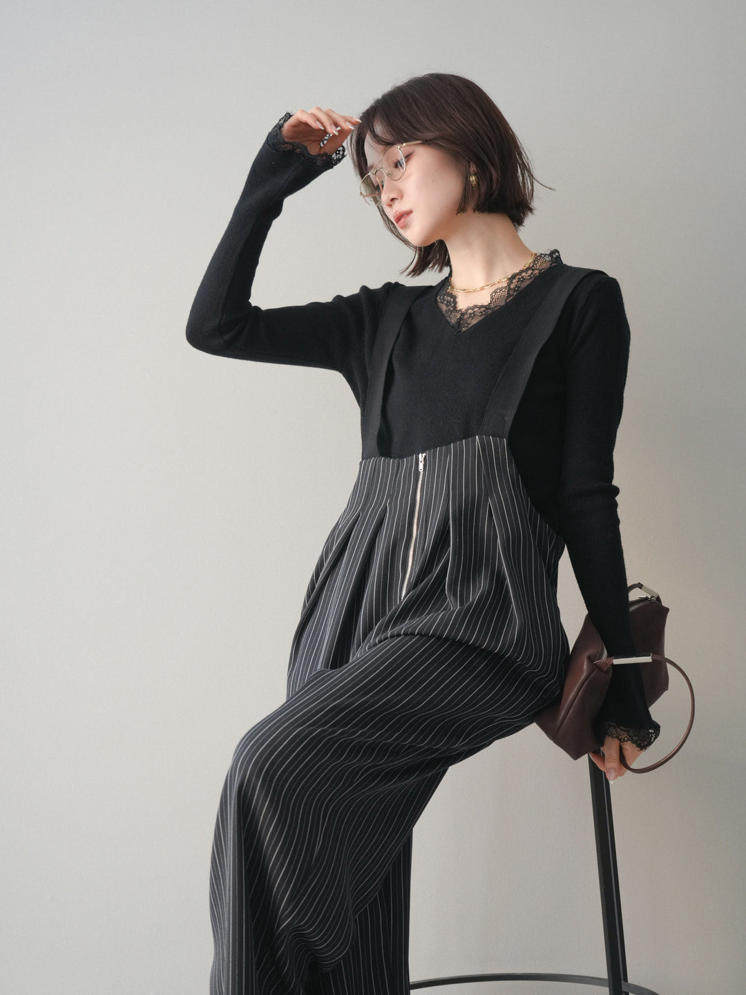 [SET]レースドッキングVネックニットトップス+選べるアクセセット(2set)