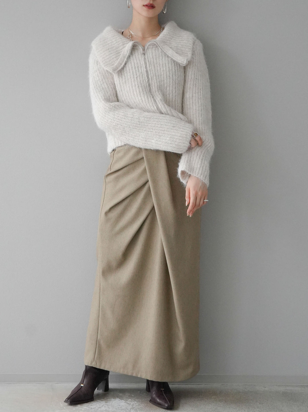 [予約]BIG襟ジップニットカーディガン/アイボリー