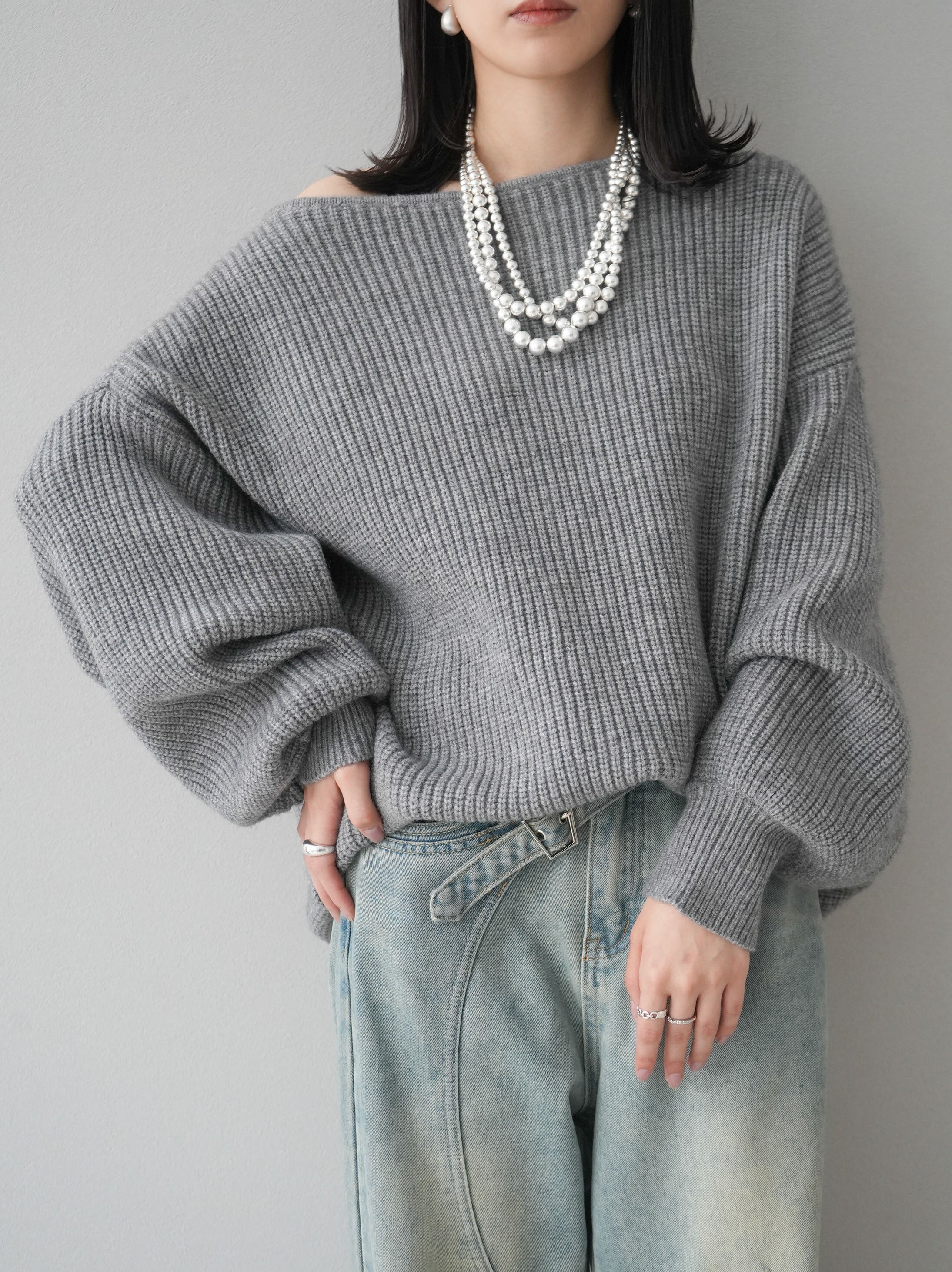 予約]アルパカタッチオフショルオーバーニットプルオーバー/杢グレー