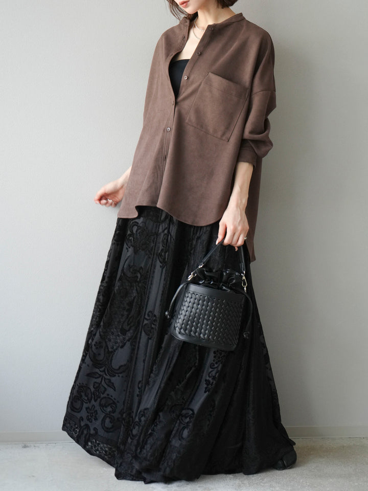 [SET]スエードバンドカラーオーバーシャツ+アンティーク柄フロッキーマキシスカート(2set)