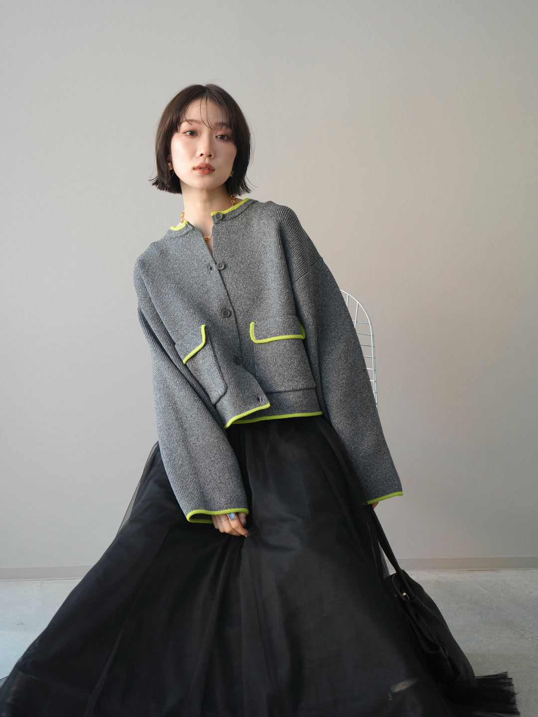 [SET]ポリエステル配色ニットカーディガン+チュールボリュームスカート(2set)