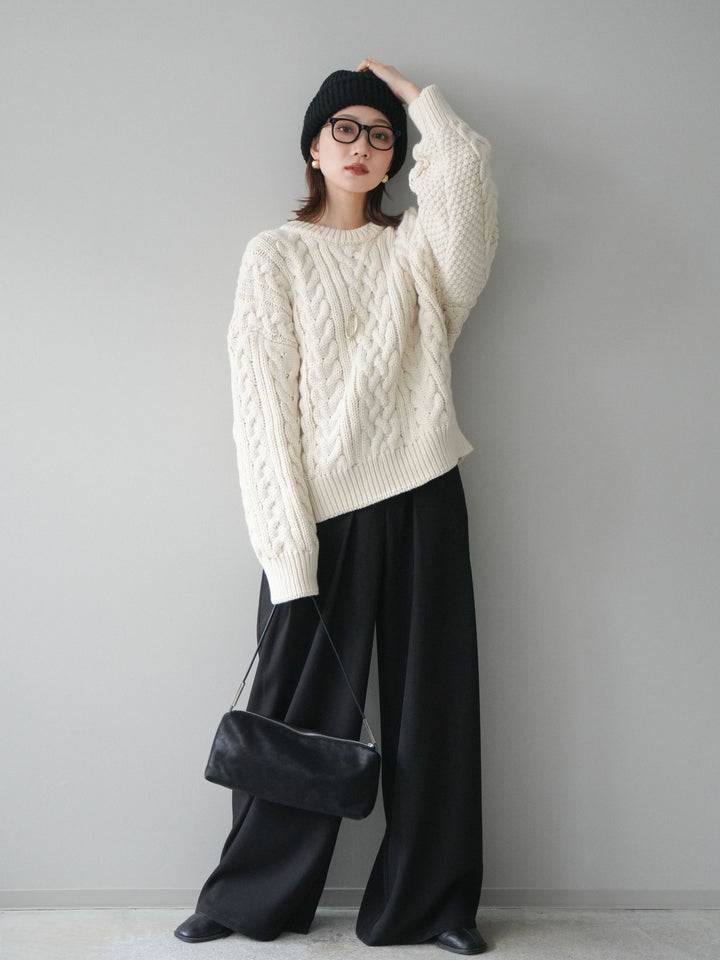 [SET]ボリュームケーブルニットプルオーバー+ベルトループデザインワイドパンツ(2set)