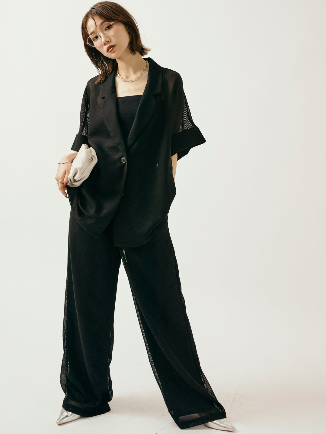 [予約]メッシュタックワイドパンツ/ブラック