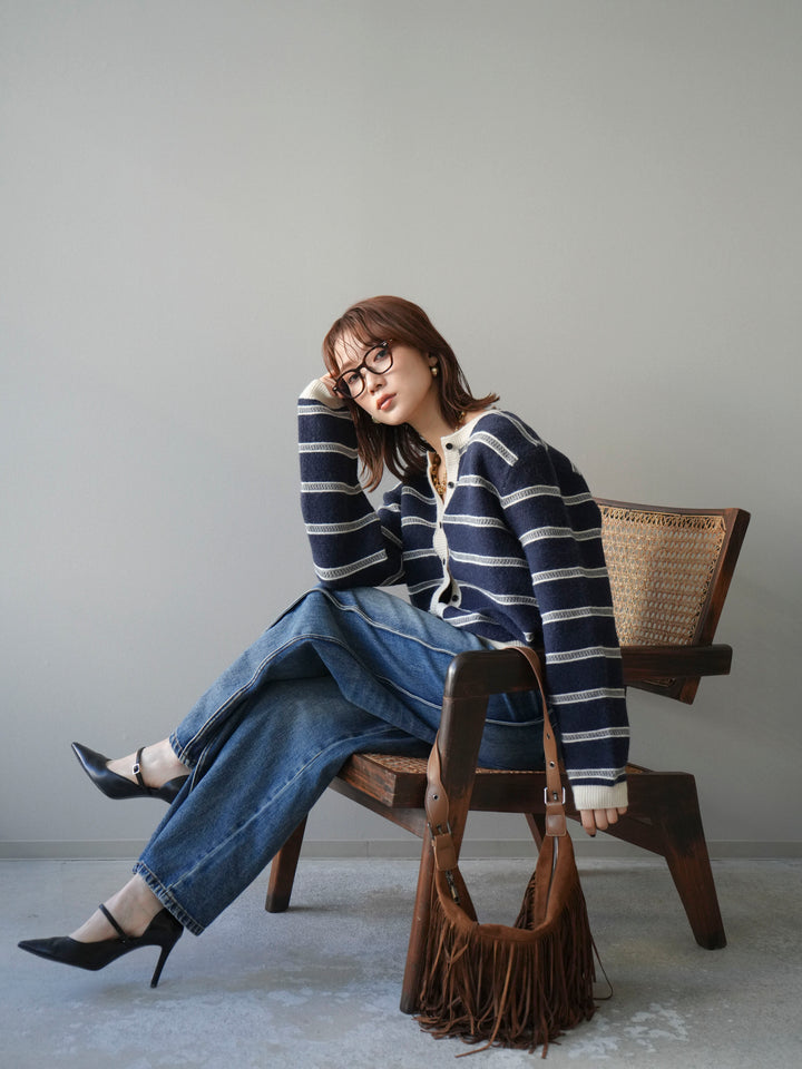 [予約]配色ボーダーニットカーディガン/navy
