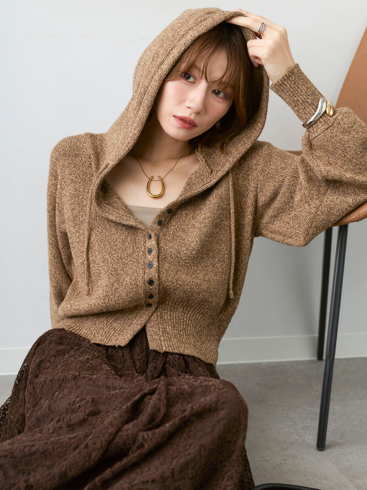 [SET]メランジボリュームスリーブフードニットカーディガン+ベロアレースドレープフレアスカート(2set)