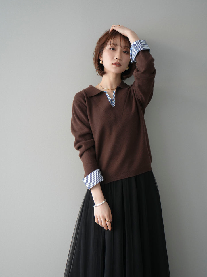 [予約]シャツレイヤードスキッパーニットプルオーバー/brown