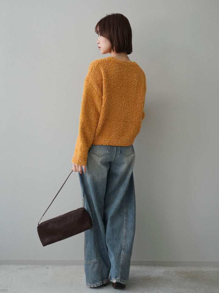 [SET]モールラメミックスヤーンニットプルオーバー+ベルト付カーブデニムパンツ(2set)
