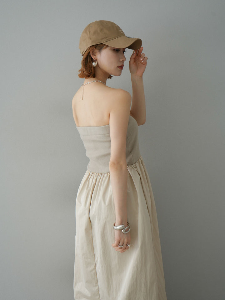 [預訂] 針織 x 塔夫綢小熊洋裝/米色