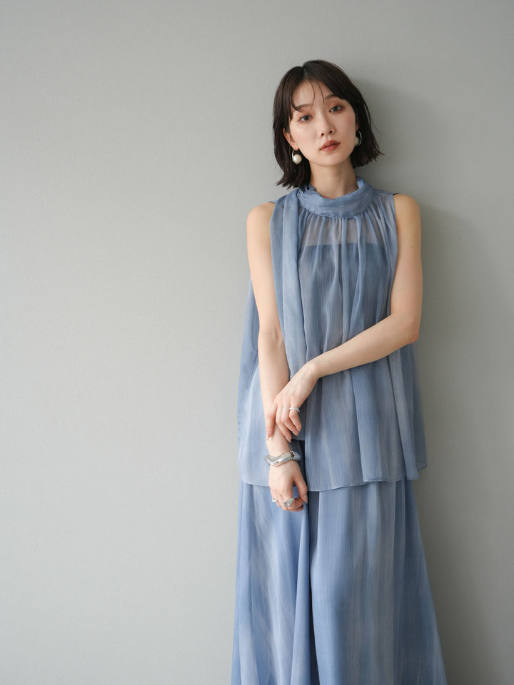 [SET]ニュアンスシアーホルターネックブラウス+ニュアンスシアーフレアスカート(2set)