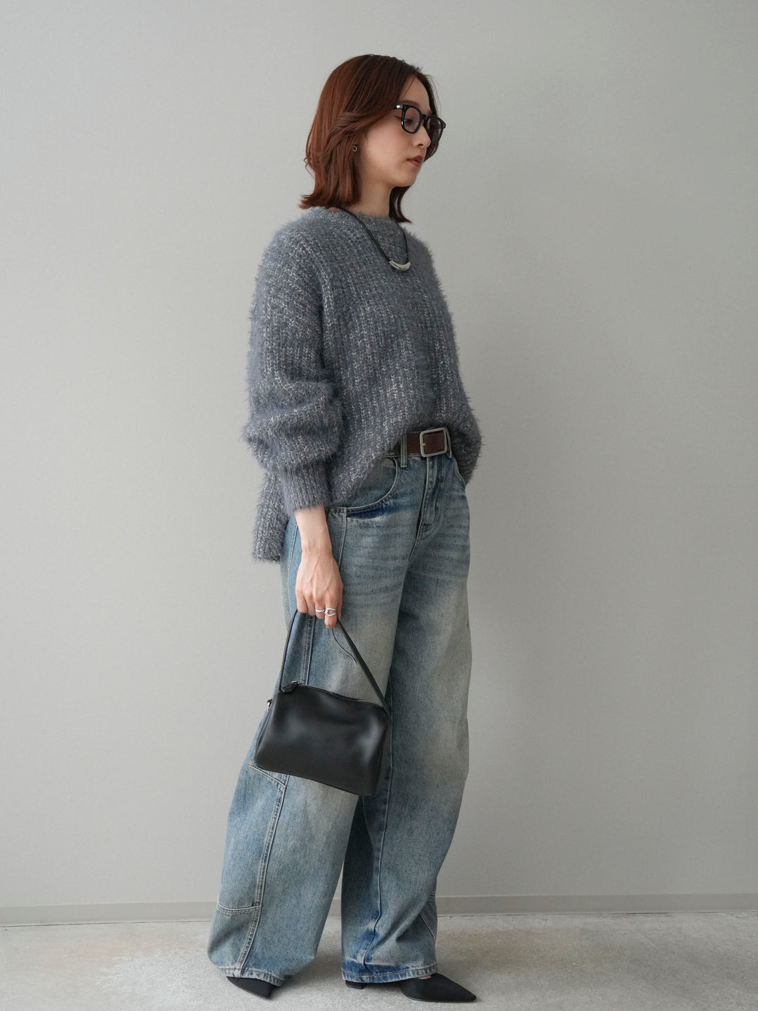 [SET]ボリュームスリーブシャギー MIXニットプルオーバー+ベルト付カーブデニムパンツ(2set)