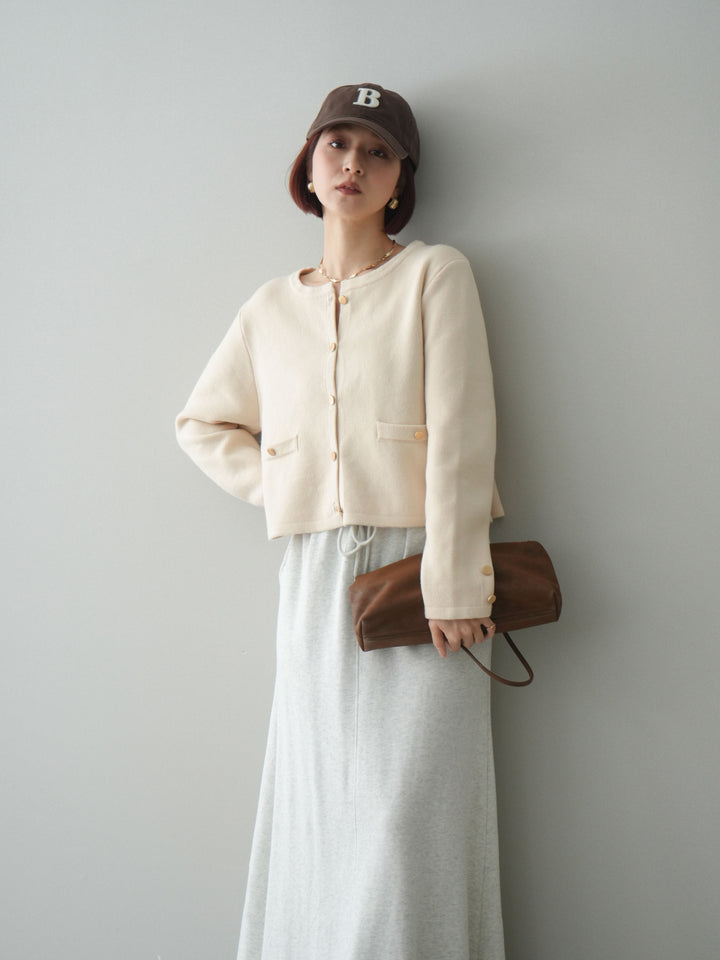[予約]ゴールドボタンノーカラーニットジャケット/ivory