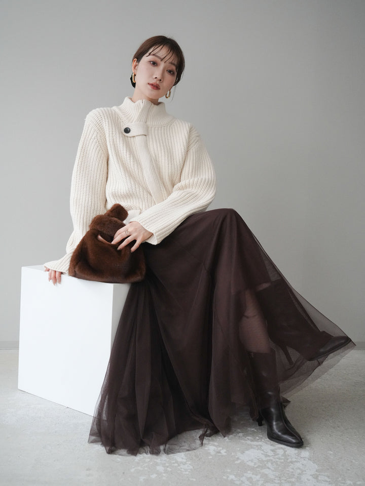 [SET]畦編みボトルネックZIPニットカーディガン+チュールボリュームスカート(2set)