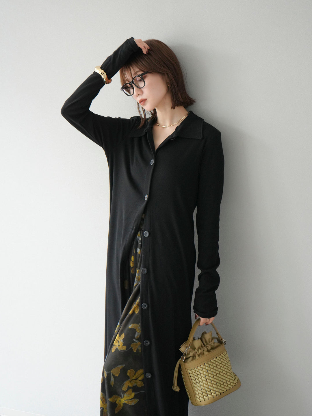 [SET]襟付きカットリブボタンワンピース+フラワープリントチュールレイヤードパンツ(2set)