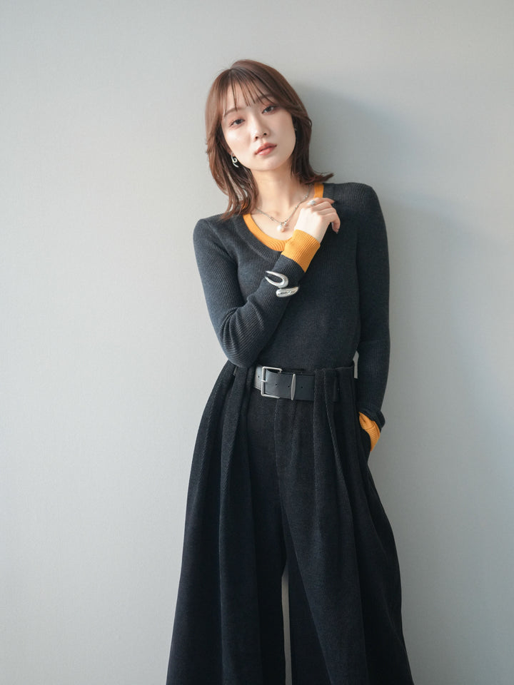 [SET]Uネック配色レイヤードリブニットトップス+ベルトデザインループコールテンワイドパンツ(ベルト付き)(2set)