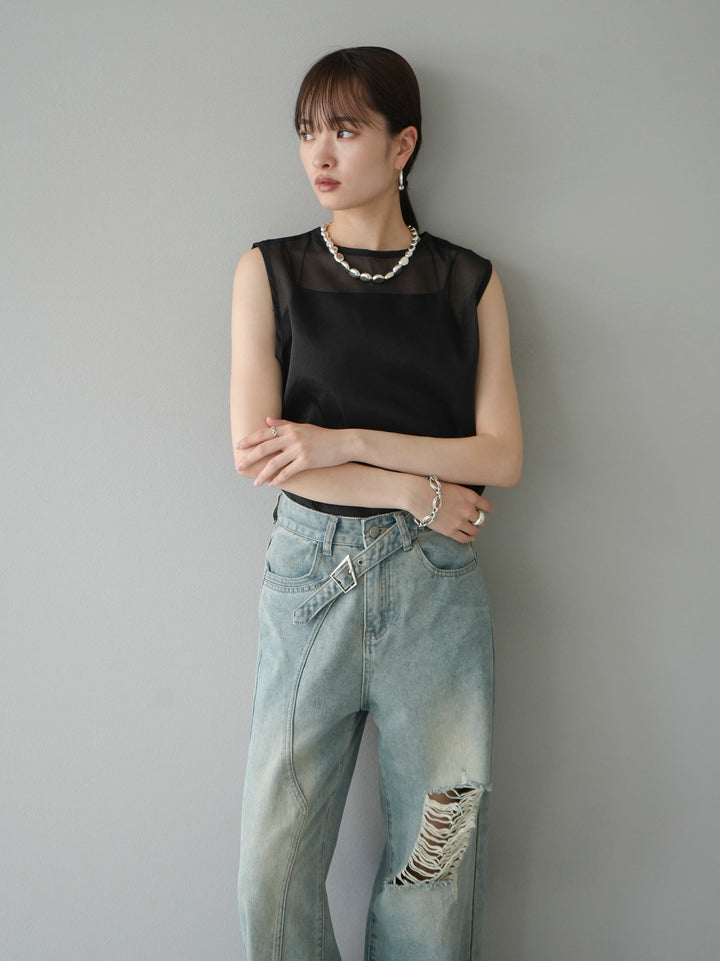 [SET] Organdy sleeveless top + belt asymmetrical damaged denim (2set)