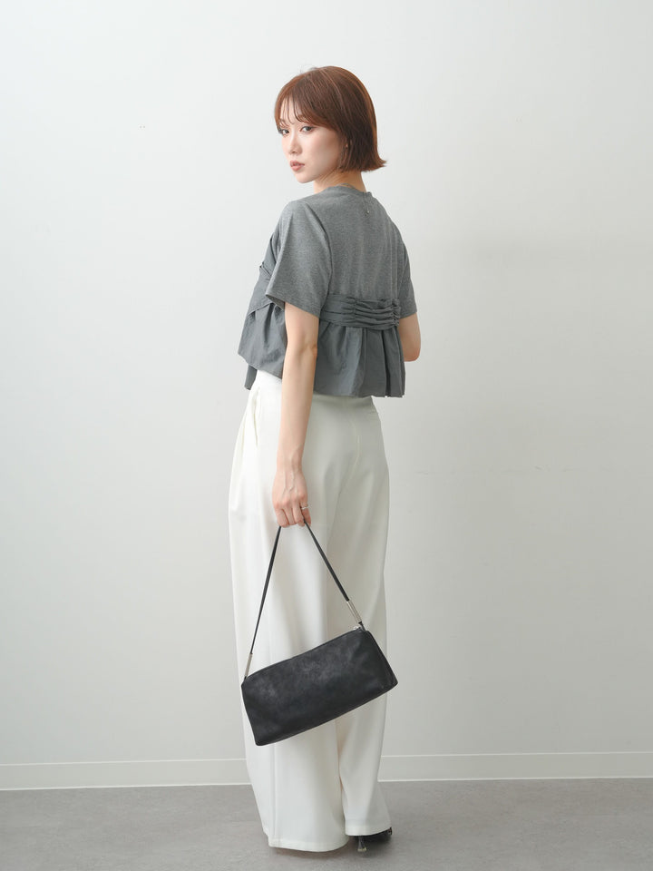 [SET]ナイロンドッキングツイストTEE +アシンメトリーベルトタックワイドパンツ(2set)