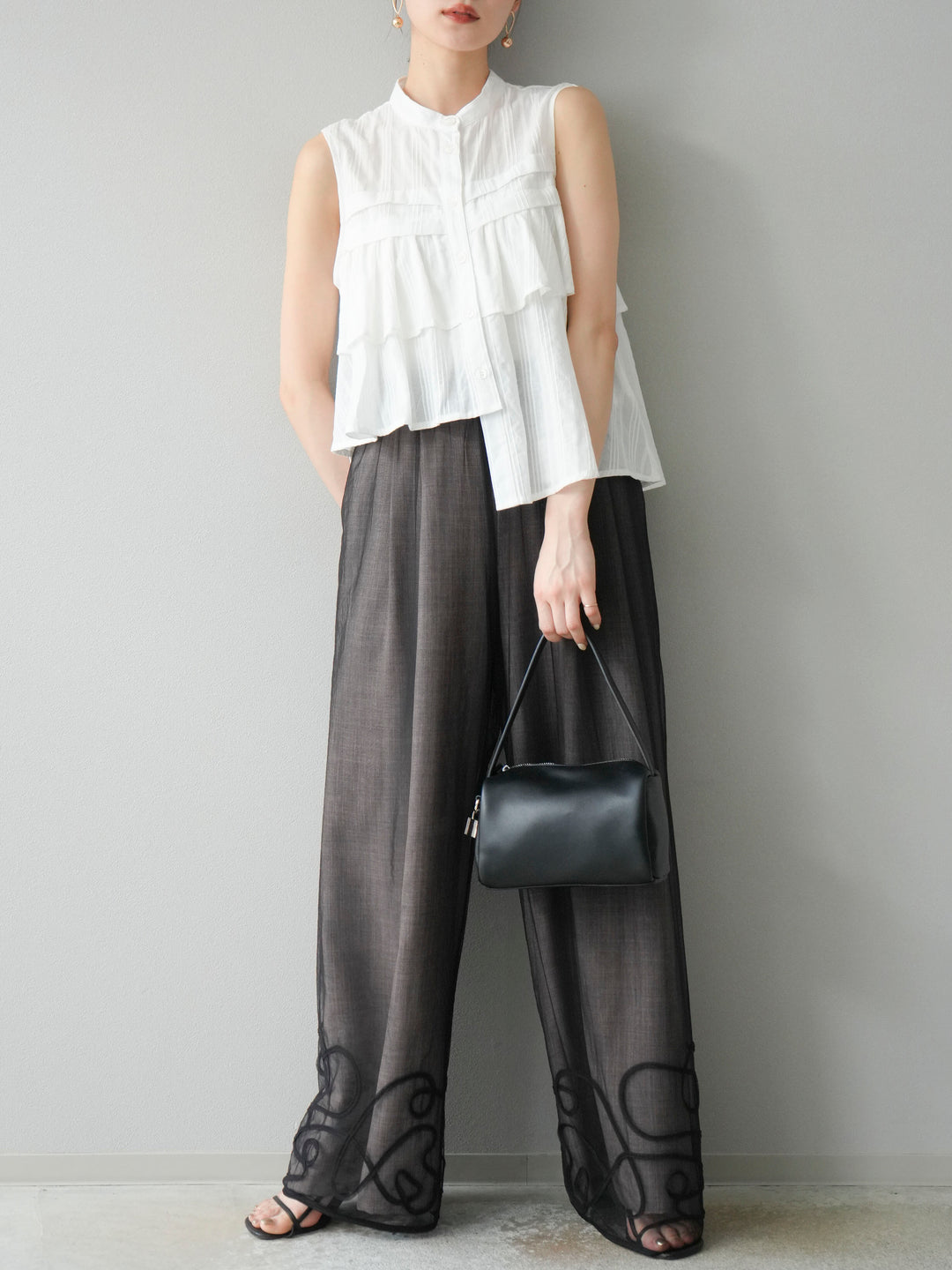 [SET]ドビーストライプアシンメトリーフリルノースリブラウス+リネンライクイージーワイドパンツ(2set)