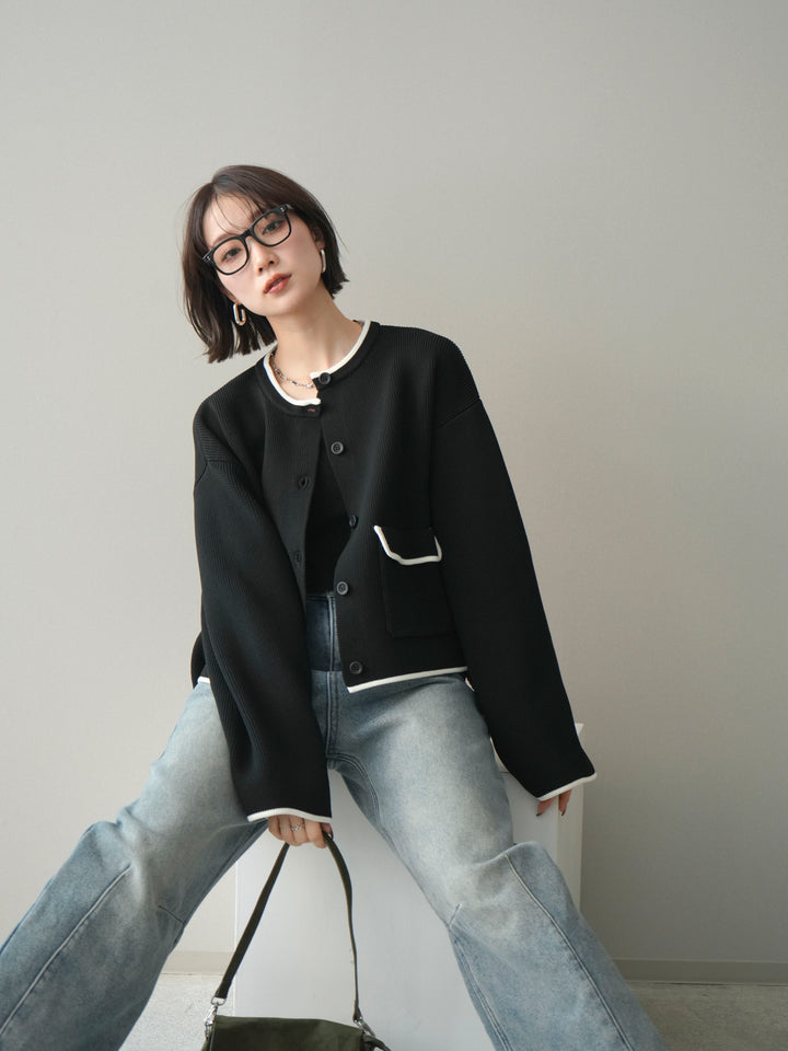 [SET]ポリエステル配色ニットカーディガン+裏起毛カットオフカーブデニムパンツ(2set)