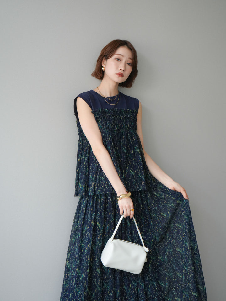 [予約]チュールプリントノースリーブトップス/navy