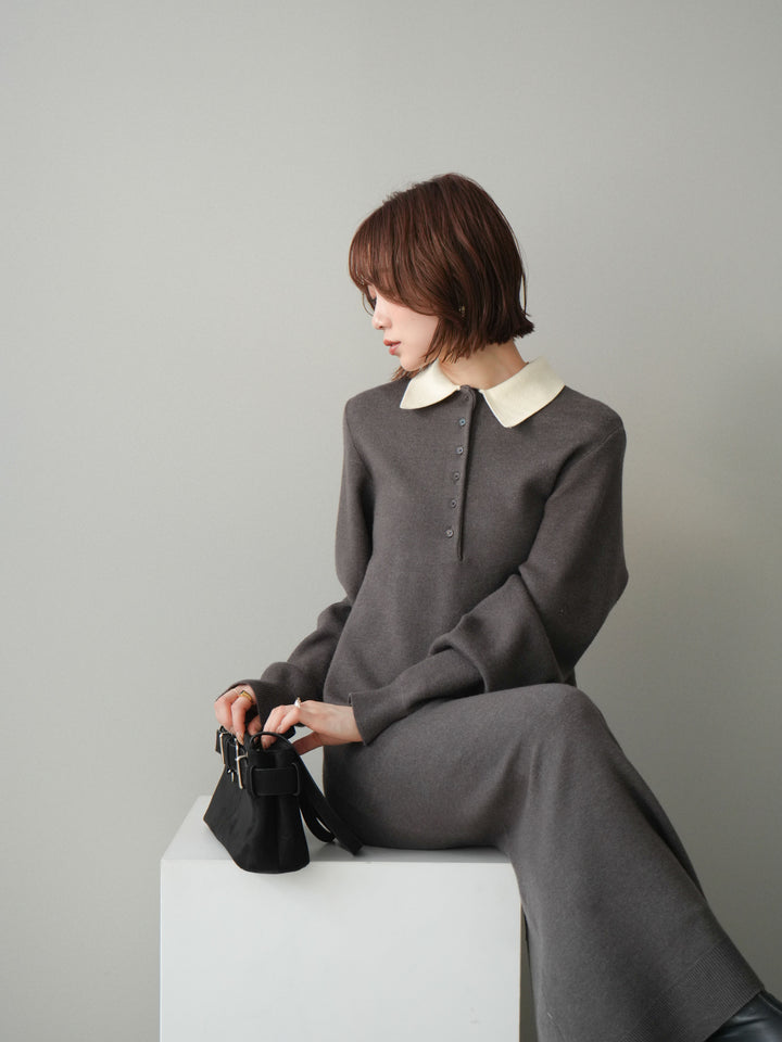 [予約]配色ポロニットワンピース/charcoal