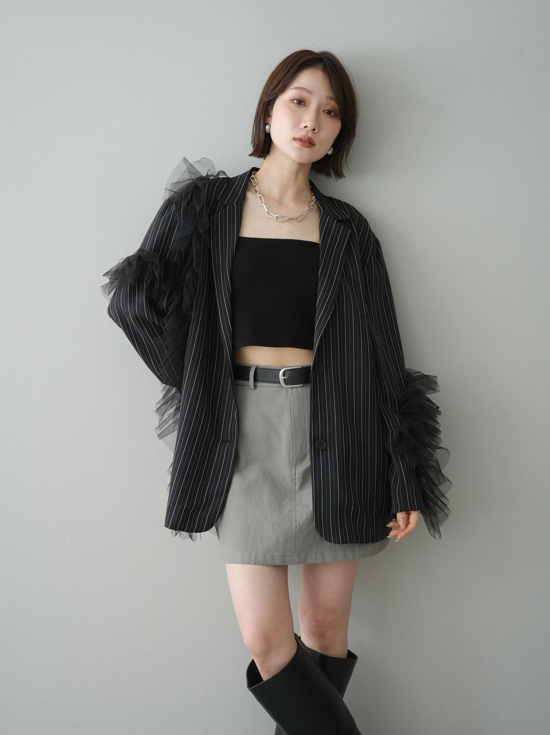 [予約]アシンメトリーチュールストライプジャケット/black