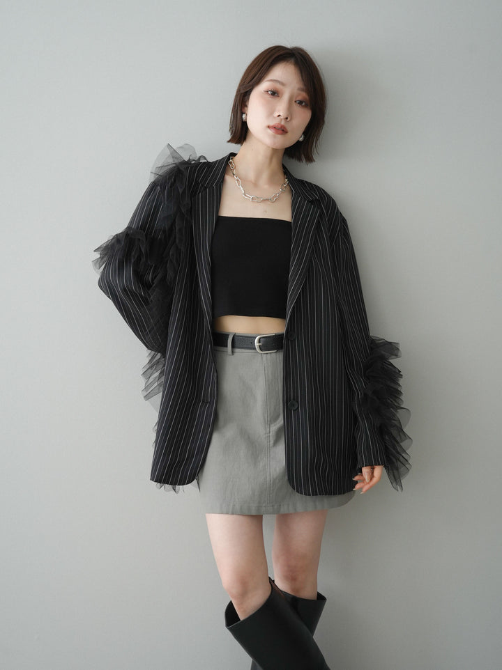 [予約]アシンメトリーチュールストライプジャケット/black