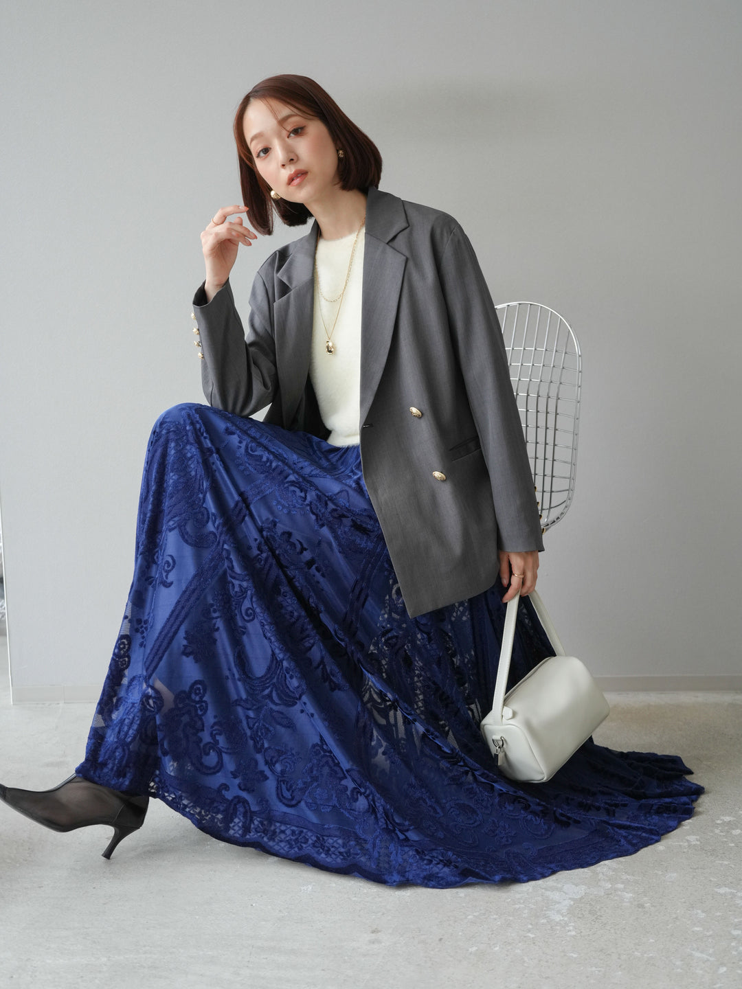 [予約]ゴールドボタンツイルダブルテーラードジャケット/グレー