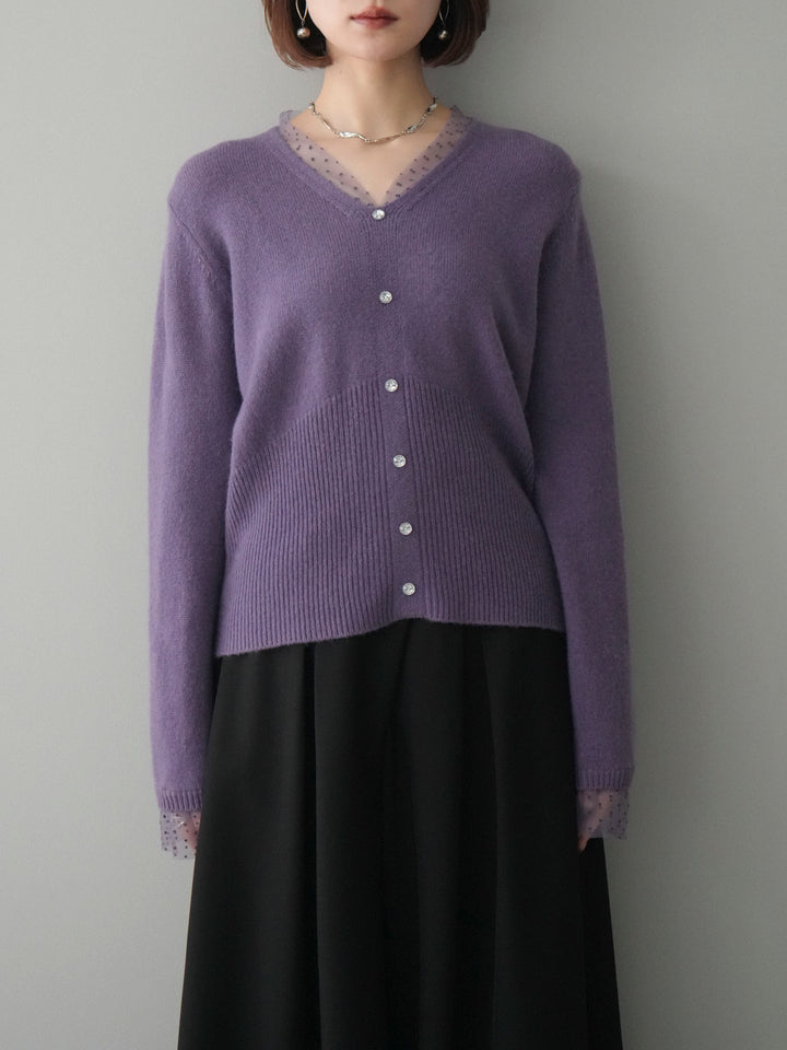 [予約]ドットチュールレイヤードボタンニットトップス/purple
